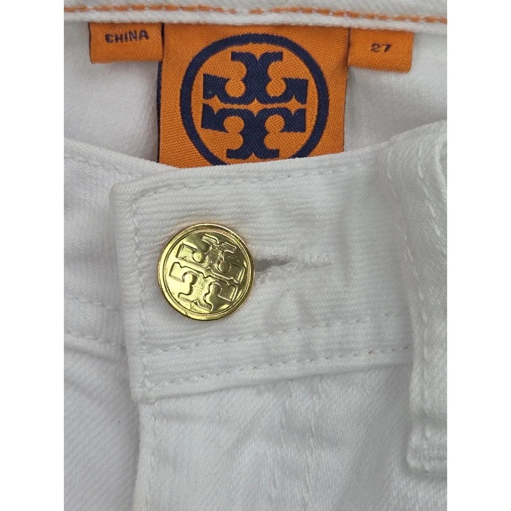Tory Burch Classic Tory Boot Jeans Size 27 Logo Pocket Gold Button White Denim